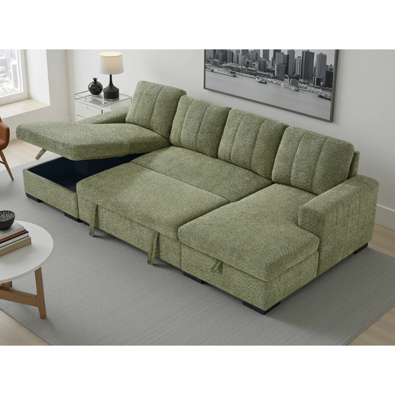 Como Green U Shape Sofa Bed – Large Corner Sofa with Storage, Pull Out Bed & Chaise