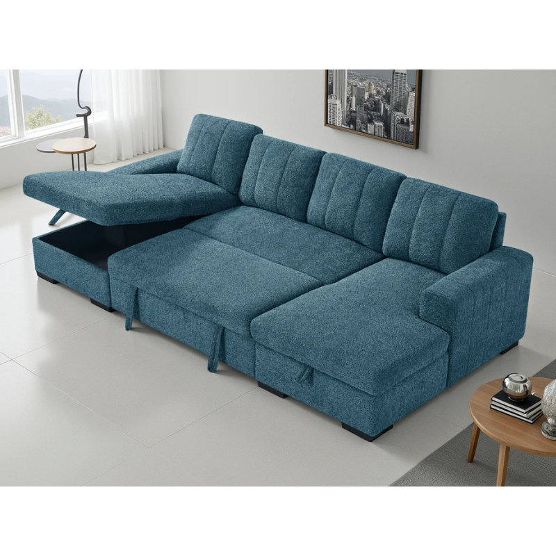 Como Blue U Shape Sofa Bed – Large Corner Sofa with Storage, Pull Out Bed & Chaise