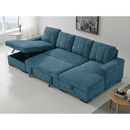Como Blue U Shape Sofa Bed – Large Corner Sofa with Storage, Pull Out Bed & Chaise