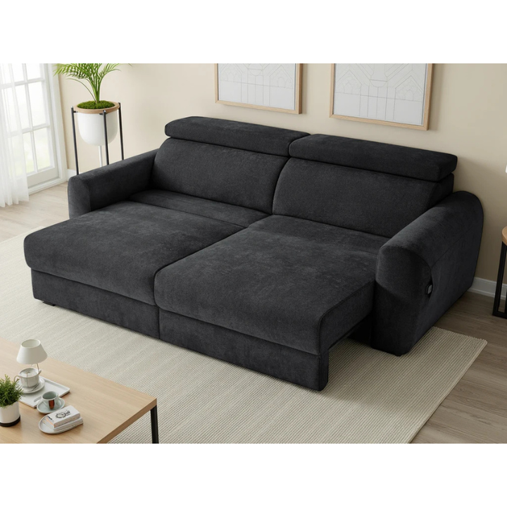 Dakota Black Electric Recliner Sofa Bed 3 Seater – Fabric Pull Out Bed with Adjustable Headrests
