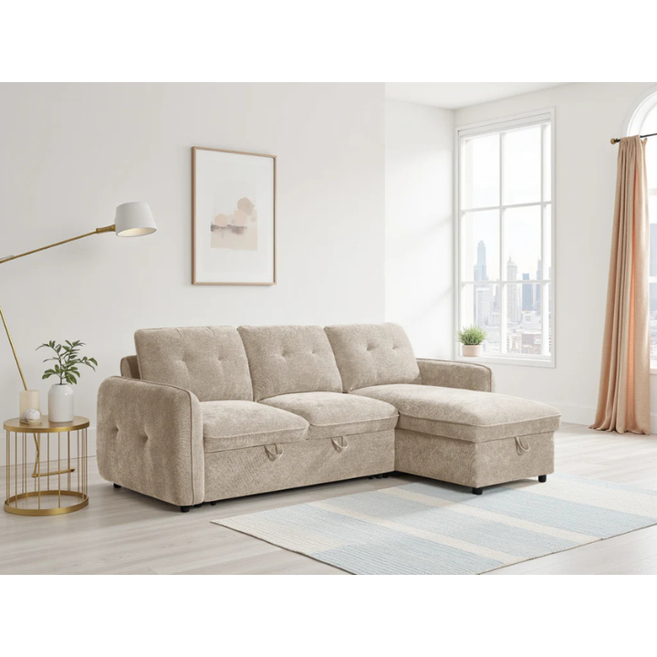 Moscow Beige Corner Sofa Bed – Universal Fabric Sofa with Storage & Pull Out Bed