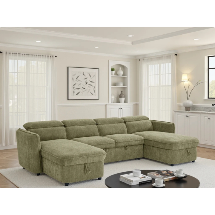 Capri Green U Shape Sofa Bed – Large Corner Sofa with Storage & Adjustable Headrests