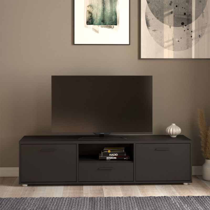 Media TV Unit with 2 Doors 1 Drawer 147cm Black-FTG-