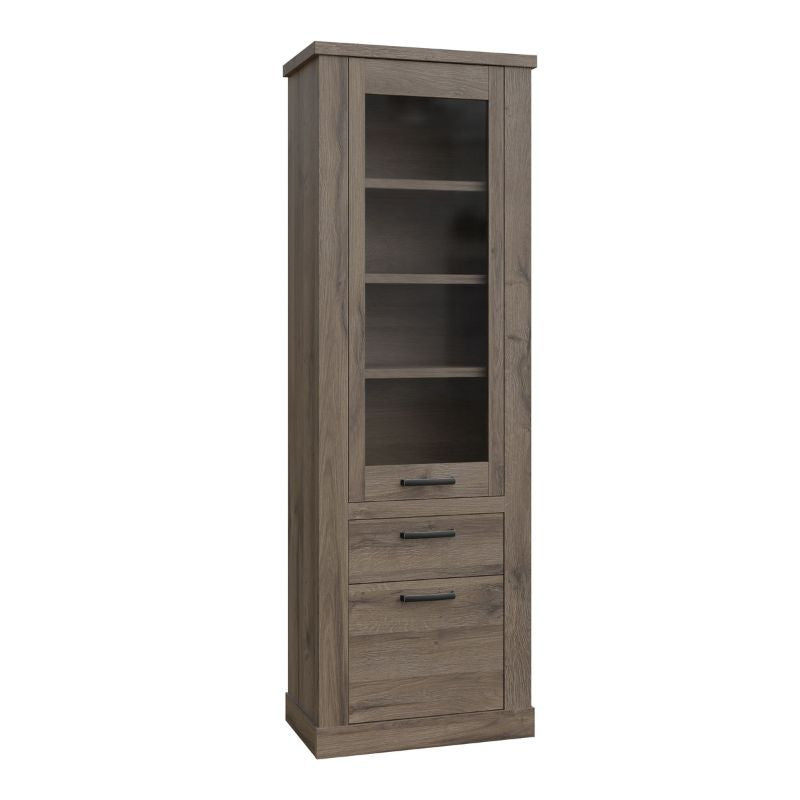 Corona 2 Door 1 Drawer 3 Shelve Narrow Display Cabinet in Tabak Oak W 71.2 x H 212 x D 41.3 cm-Cabinet-FTG-