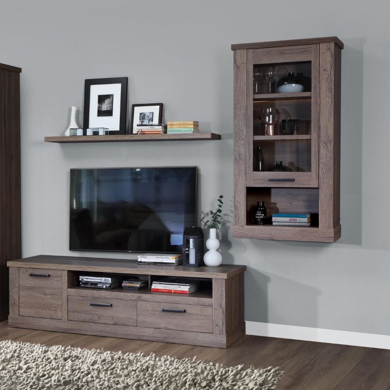 Corona 1 Door Wall Display Cabinet in Tabak Oak W 71.2 x H 136.5 x D 34.4 cm-Cabinet-FTG-