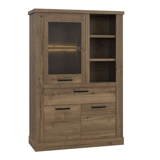 Corona 1 Door 1 Drawer 3 Shelve Display Cabinet in Tabak Oak W 109.8 x H 160.3 x D 41.3 cm-Cabinet-FTG-