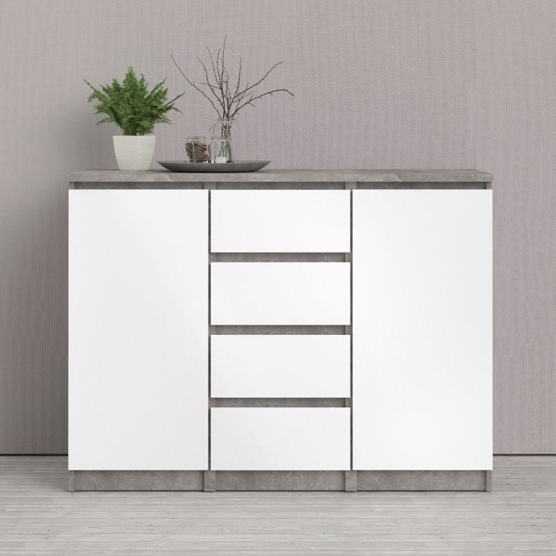 Naia Sideboard 4 Drawers 2 Doors in Concrete and White High Gloss W 1208 x H 907 x D 500 mm-Sideboards-FTG-