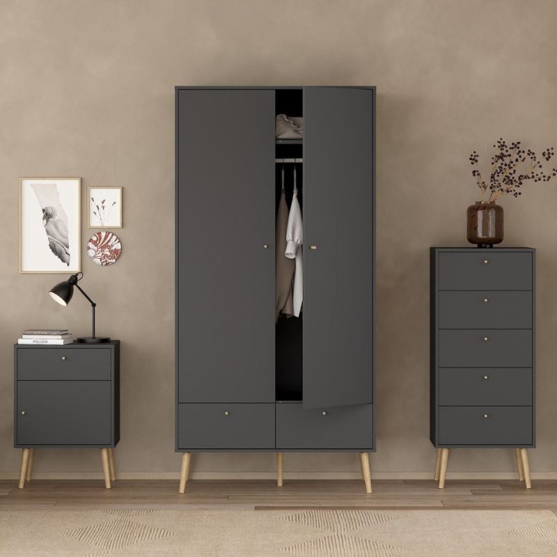 Cumbria Wardrobe with 2 Doors + 2 Drawers Dark Grey W 98.7 x H 200.1 x D 58.1 cm-Wardrobes-FTG-