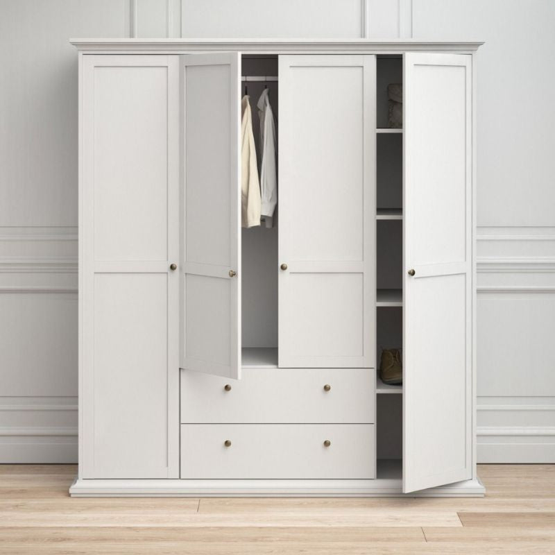 Paris Wardrobe with 4 Doors and 2 Drawers in White W 1814 x H 2006 x D 605 mm-Wardrobes-FTG-