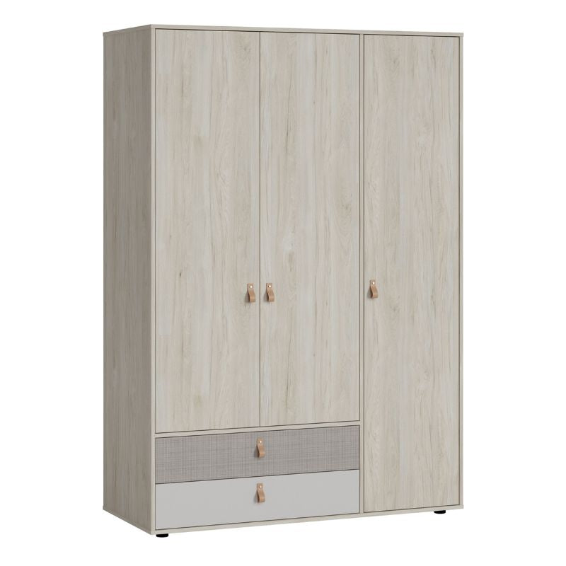 Denim 3 Door 2 Drawer Wardrobe in Light Walnut, Grey Fabric Effect and Cashmere W 1417 x H 2057 x D 600 mm-Wardrobes-FTG-