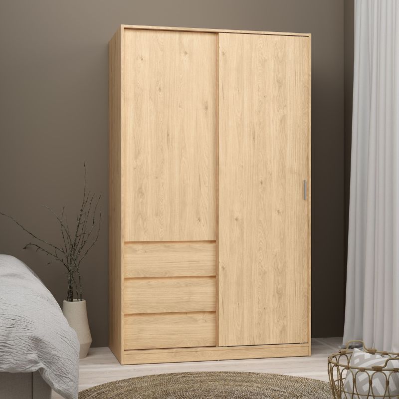 Naia Wardrobe with 1 Sliding Door 1 Door 3 Drawers in Jackson Hickory Oak W 1185 x H 2004 x D 600 mm-Wardrobes-FTG-