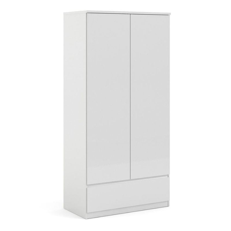 Naia Wardrobe with 2 Doors 1 Drawer in White High Gloss W 989 x H 2006 x D 500 mm-Wardrobes-FTG-