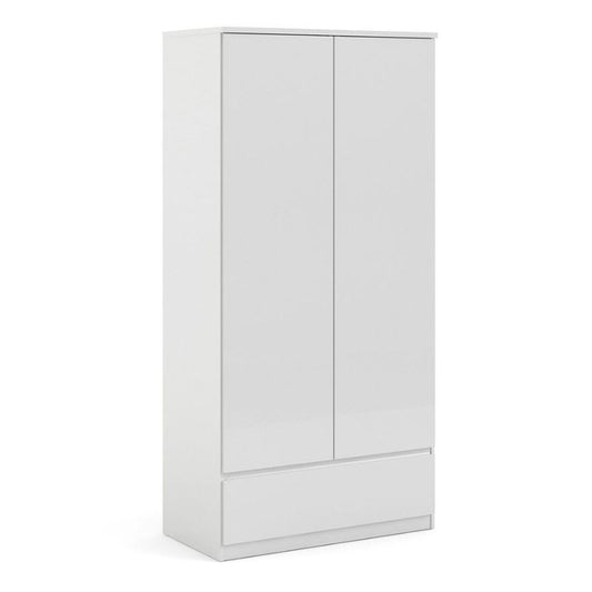 Naia Wardrobe with 2 Doors 1 Drawer in White High Gloss W 989 x H 2006 x D 500 mm-Wardrobes-FTG-