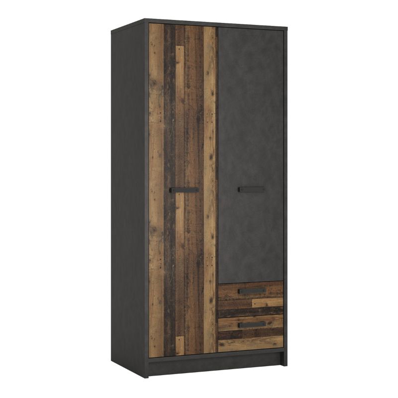 Brooklyn 2 Door Wardrobe with 2 Drawers in Walnut and Dark Matera Grey W 870 x H 1960 x D 600 mm-Wardrobes-FTG-