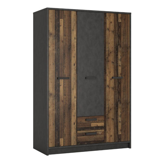 Brooklyn 3 Door Wardrobe with 2 Drawers in Walnut and Dark Matera Grey W 1280 x H 1960 x D 600 mm-Wardrobes-FTG-