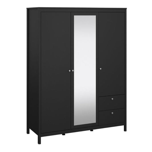 Madrid Wardrobe with 2 Doors 1 Mirror Door 2 Drawers Matt Black W 1500 x H 1990 x D 584 m-Wardrobes-FTG-