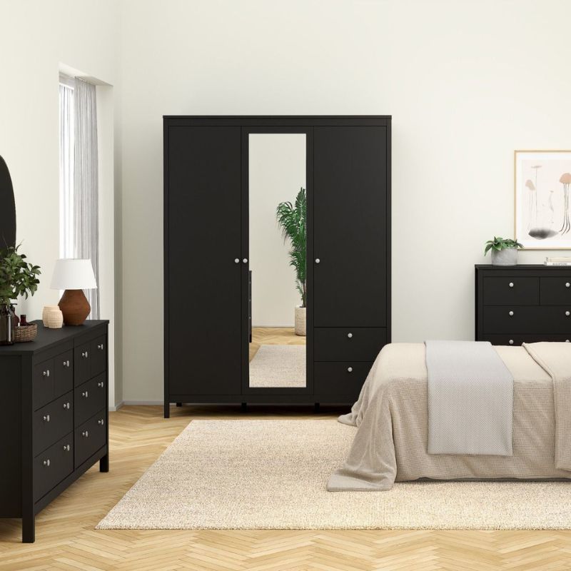 Madrid Wardrobe with 2 Doors 1 Mirror Door 2 Drawers Matt Black W 1500 x H 1990 x D 584 m-Wardrobes-FTG-