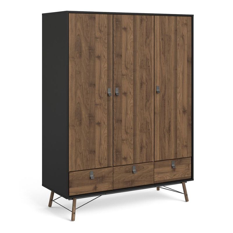 Ry Wardrobe 3 Doors 3 Drawers in Matt Black Walnut W 1502 x H 2004 x D 601 mm-Wardrobes-FTG-