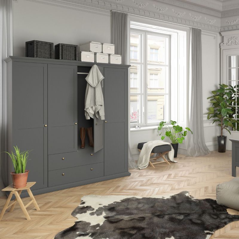 Paris Wardrobe with 4 Doors and 2 Drawers in Matt Grey W 1814 x H 2006 x D 605mm-Wardrobes-FTG-