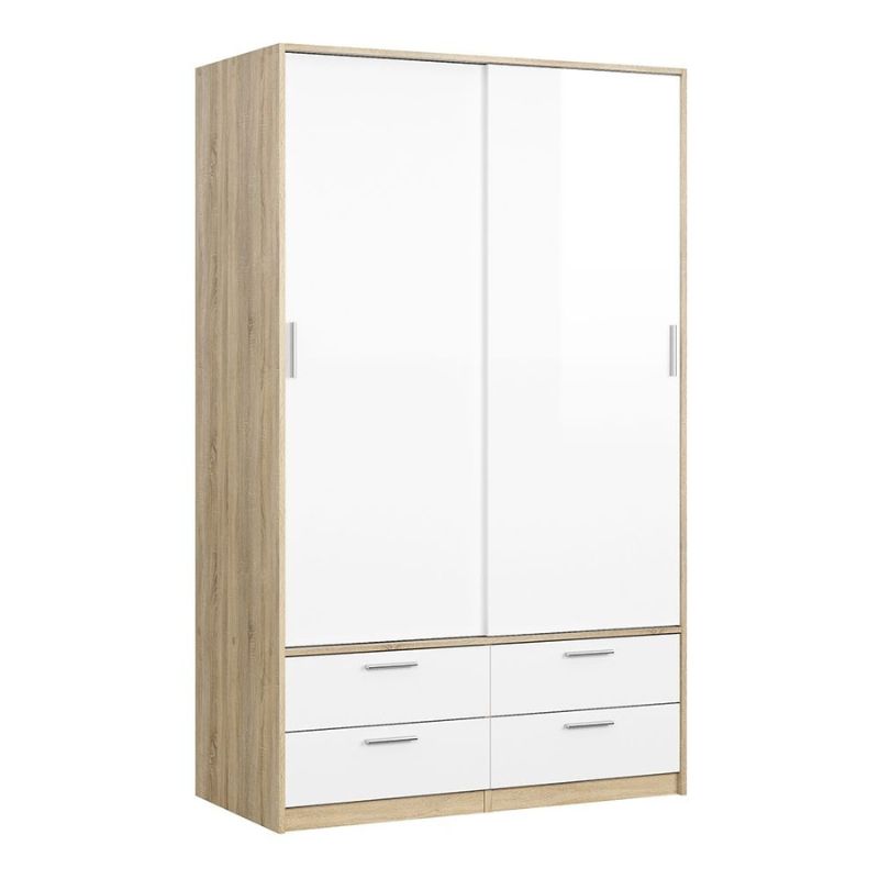 Line Wardrobe 2 Doors 4 Drawers in Oak with White High Gloss W 1212 x H 2000 x D 602.5mm-Wardrobes-FTG-