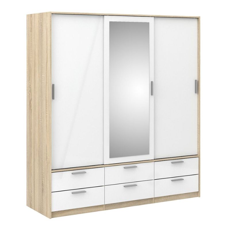 Line Wardrobe 3 Doors 6 Drawers in Oak with White High Gloss W 1814 x H 2000 x D 602.5mm-Wardrobes-FTG-