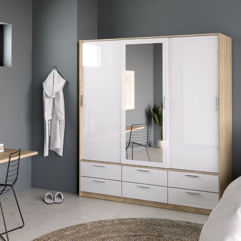 Line Wardrobe 3 Doors 6 Drawers in Oak with White High Gloss W 1814 x H 2000 x D 602.5mm-Wardrobes-FTG-