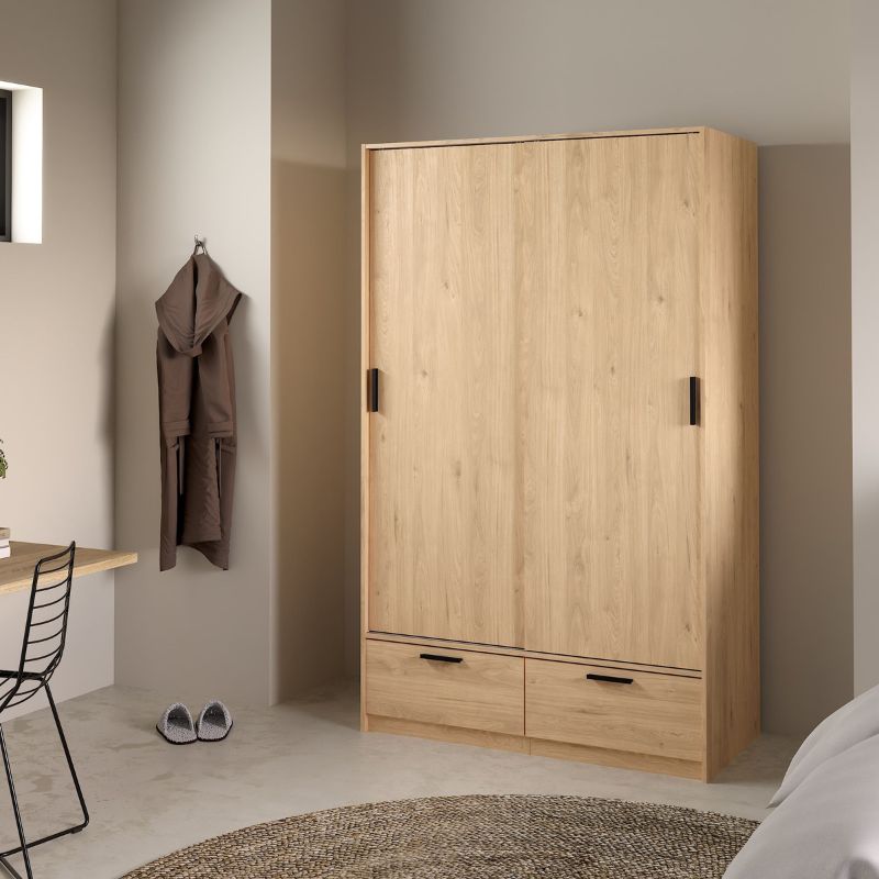 Line Wardrobe with 2 Doors 2 Drawers in Jackson Hickory Oak W 1212 x H 2004 x D 602 mm-Wardrobes-FTG-