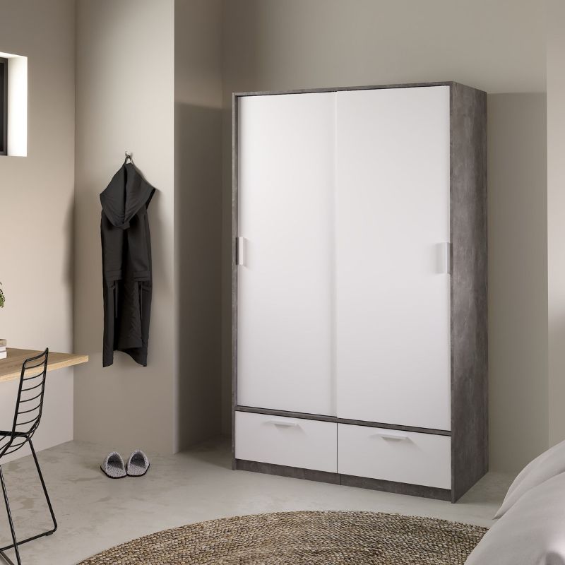 Line Wardrobe with 2 Doors 2 Drawers in White and Concrete W 1212 x H 2004 x D 602 mm-Wardrobes-FTG-