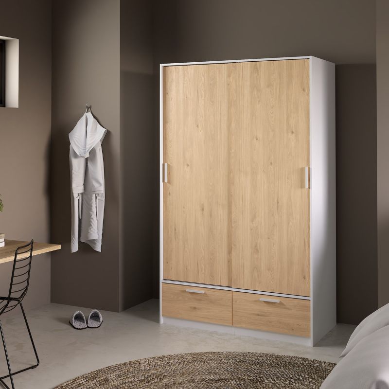 Line Wardrobe with 2 Doors 2 Drawers in White and Jackson Hickory Oak W 1212 x H 2004 x D 602 mm-Wardrobes-FTG-