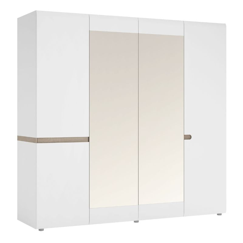 Chelsea Bedroom 4 Door Wardrobe with Mirrors in White with a Truffle Oak Trim W 2185 x H 2090 x D 590 mm-Wardrobes-FTG-