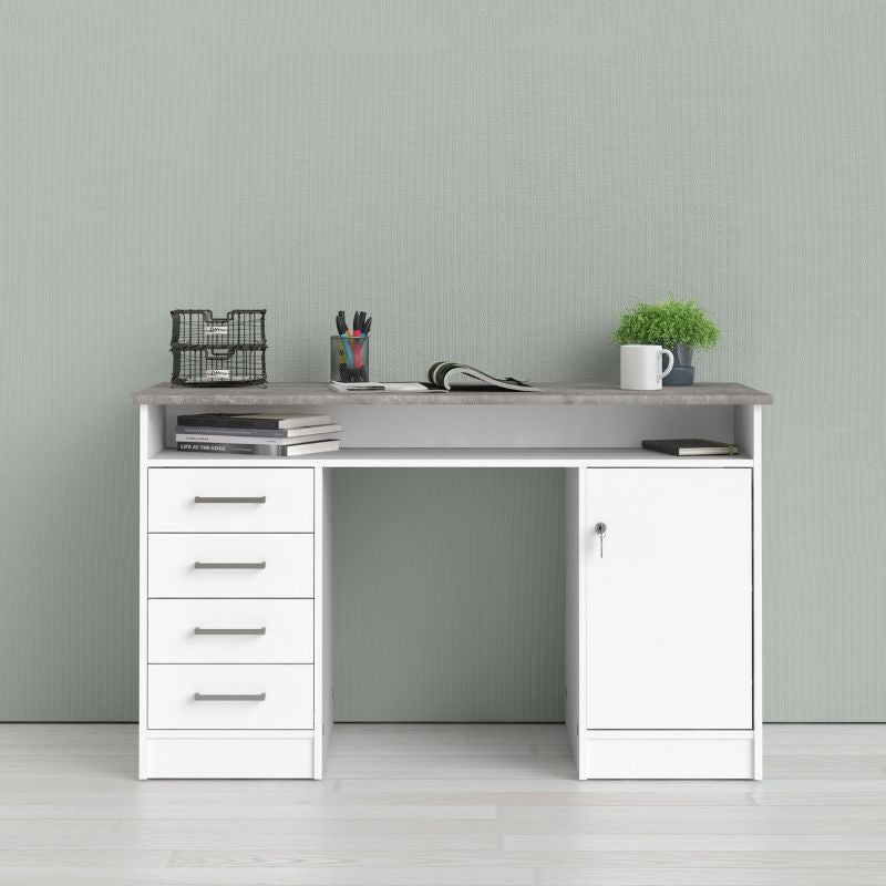 Function Plus Desk 4 Drawer 1 Door in White and Grey W 1260 x H 756 x D 550 mm-Desks-FTG-