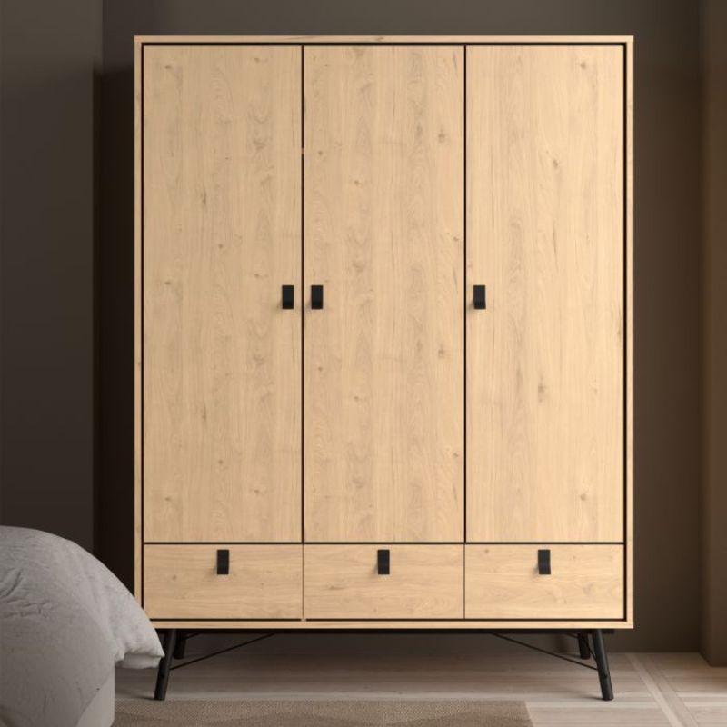 Ry Wardrobe 3 Doors 3 Drawers in Jackson Hickory Oak W 1502 x H 2004 x D 601 mm-Wardrobes-FTG-