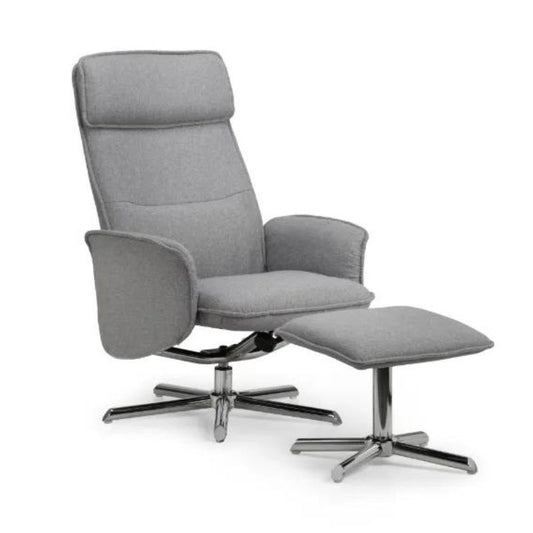 Aria Recliner & Stool with Chrome Base - Grey Linen H 100cm L 70cm W 80cm-Recliners-Julian Bowen-