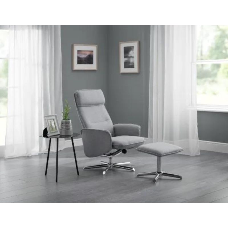 Aria Recliner & Stool with Chrome Base - Grey Linen H 100cm L 70cm W 80cm-Recliners-Julian Bowen-