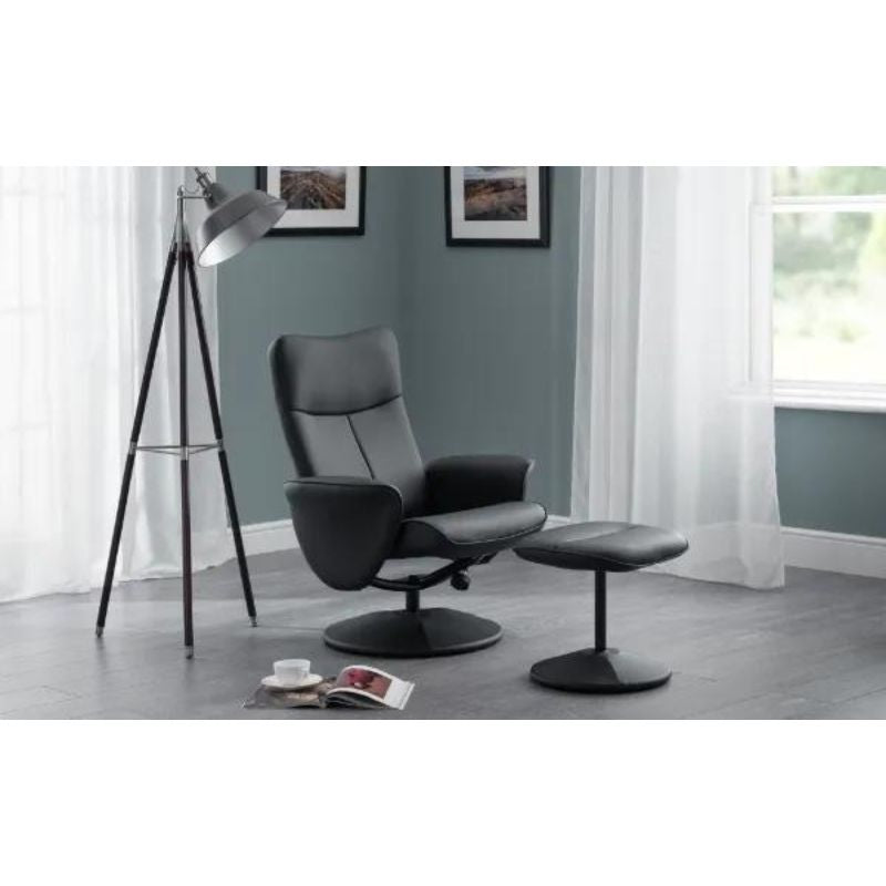 Lugano Recliner & Stool With Covered Base - Black H 95cm L 75cm W 76cm-Recliners-Julian Bowen-