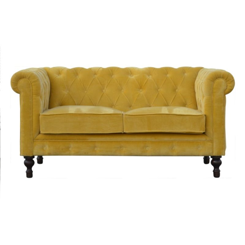 Mustard Velvet Chesterfield Sofa H 76cm W 150cm D 80cm-Sofa-Artisan Furniture-