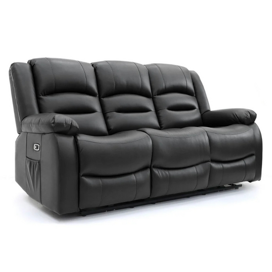 Alva 3 Seater Black Electric Recliner Sofa – Faux Leather Power Recliner with USB-C, Cup Holders & Storage