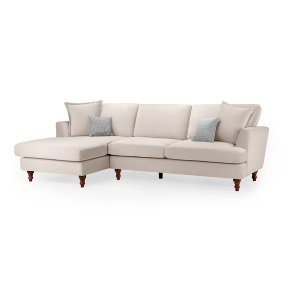 Bari Beige Left Hand Facing Corner Sofa – Chenille Fabric with Flared Arms & Wooden Feet