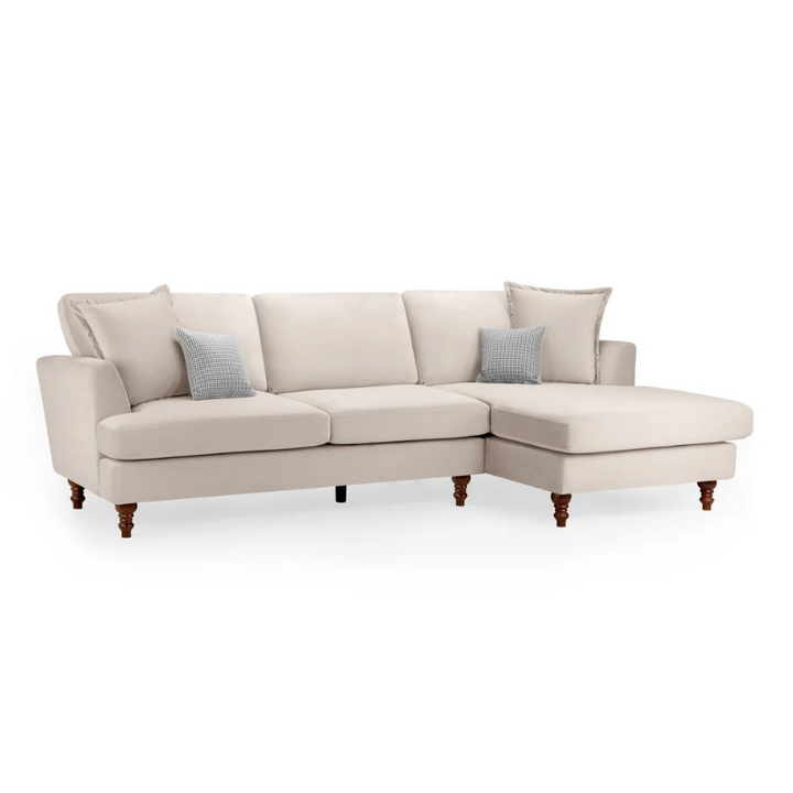 Bari Beige Right Hand Facing Corner Sofa – Chenille Fabric with Flared Arms & Wooden Feet