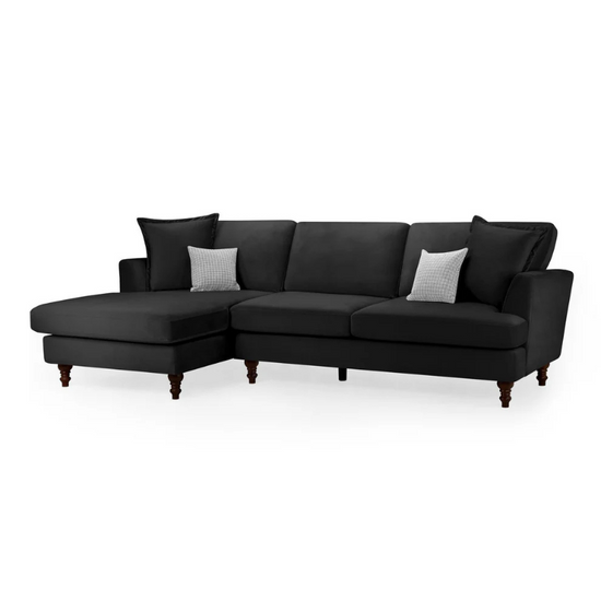 Bari Black Left Hand Facing Corner Sofa – Plush Chenille Upholstery with Flared Arms & Wooden Feet