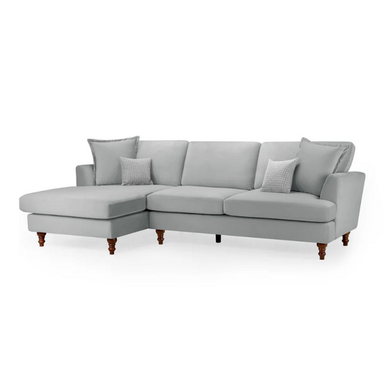 Bari Grey Left Hand Facing Corner Sofa – Plush Chenille Fabric with Flared Arms & Wooden Feet