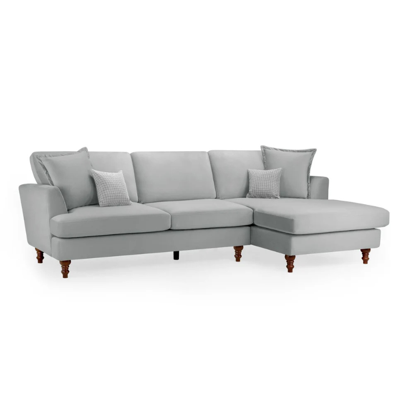 Bari Grey Right Hand Facing Corner Sofa – Chenille Fabric with Flared Arms & Wooden Feet
