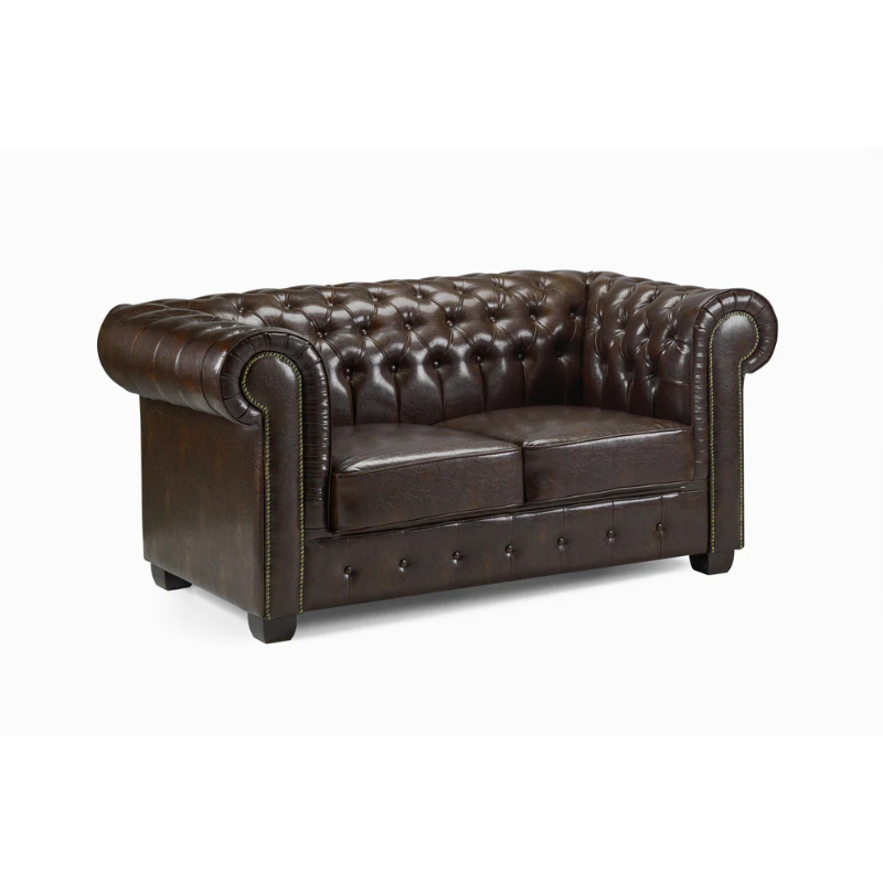 Chesterfield 2 Seater Sofa in Antique Brown – Button-Tufted Faux Leather Couch
