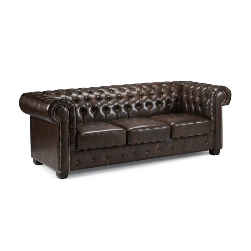 Chesterfield 3 Seater Sofa in Antique Brown – Button-Tufted Vintage Style Couch