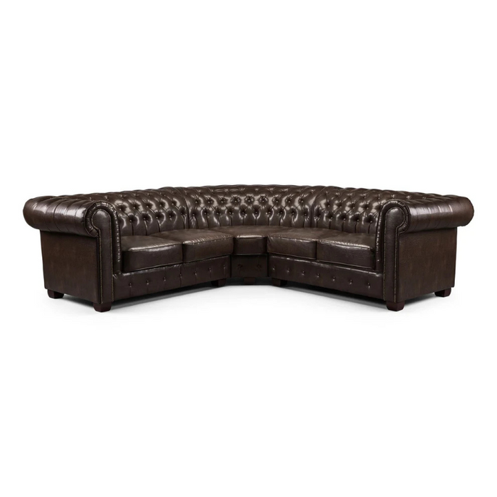 Chesterfield Large Corner Sofa in Antique Brown – Button-Tufted Sectional with Scroll Arms