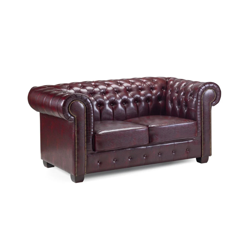Chesterfield 2 Seater Sofa in Oxblood Red – Buttoned Back with Scroll Arms & Stud Detailing
