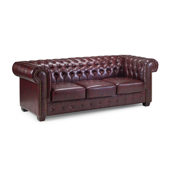 Chesterfield Oxblood Red 3 Seater Sofa – Classic Buttoned Leather Sofa with Scroll Arms