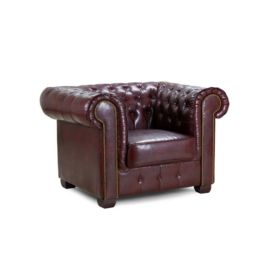Chesterfield Armchair in Oxblood Red – Classic Buttoned Accent Chair with Scroll Arms
