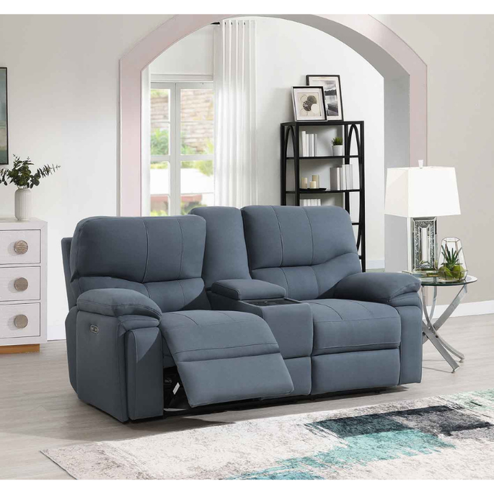 Quantum Midnight Grey 2 Seater Sofa with Console & i-Table | Modern Fabric Recliner