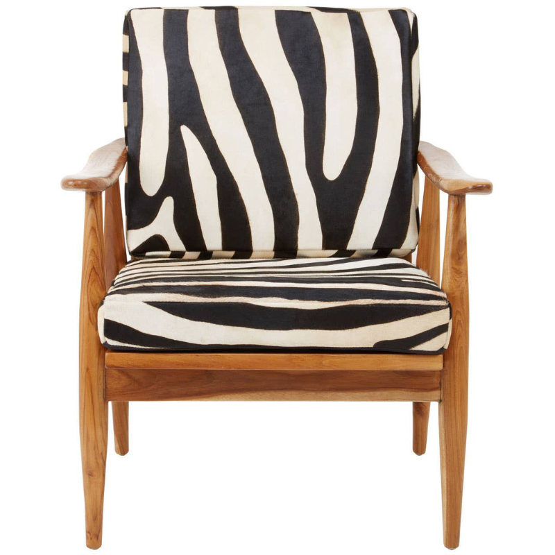 Kendari Leather Zebra Pattern and Teak Chair – Bold Artisan Style with Natural Warmth